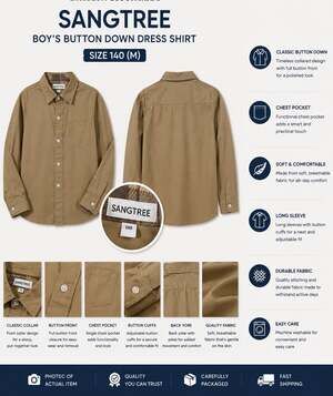 Sangtree Boy's Long Sleeve Button Down Dress Shirt in Tan